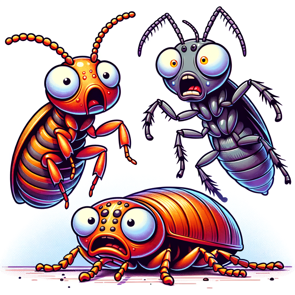 caricatura de Chinches Hormigas Cucarachas asustadas